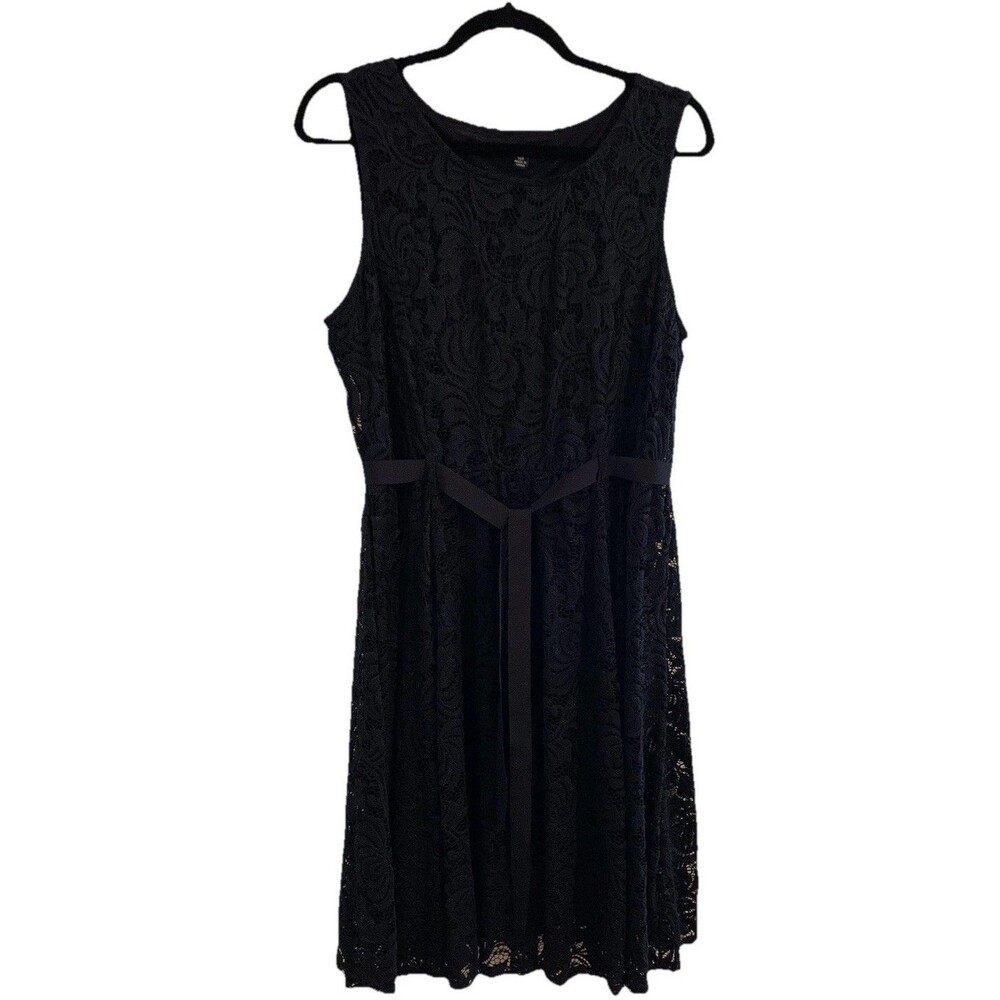 Sharagano Size 14 Petite Dress 14P Sleeveless Floral Lace Tie Waist Ribbon Navy